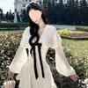 French Elegant High-end Bow V-neck Pleated Slim-fit White Dress for Women - Autumn Style