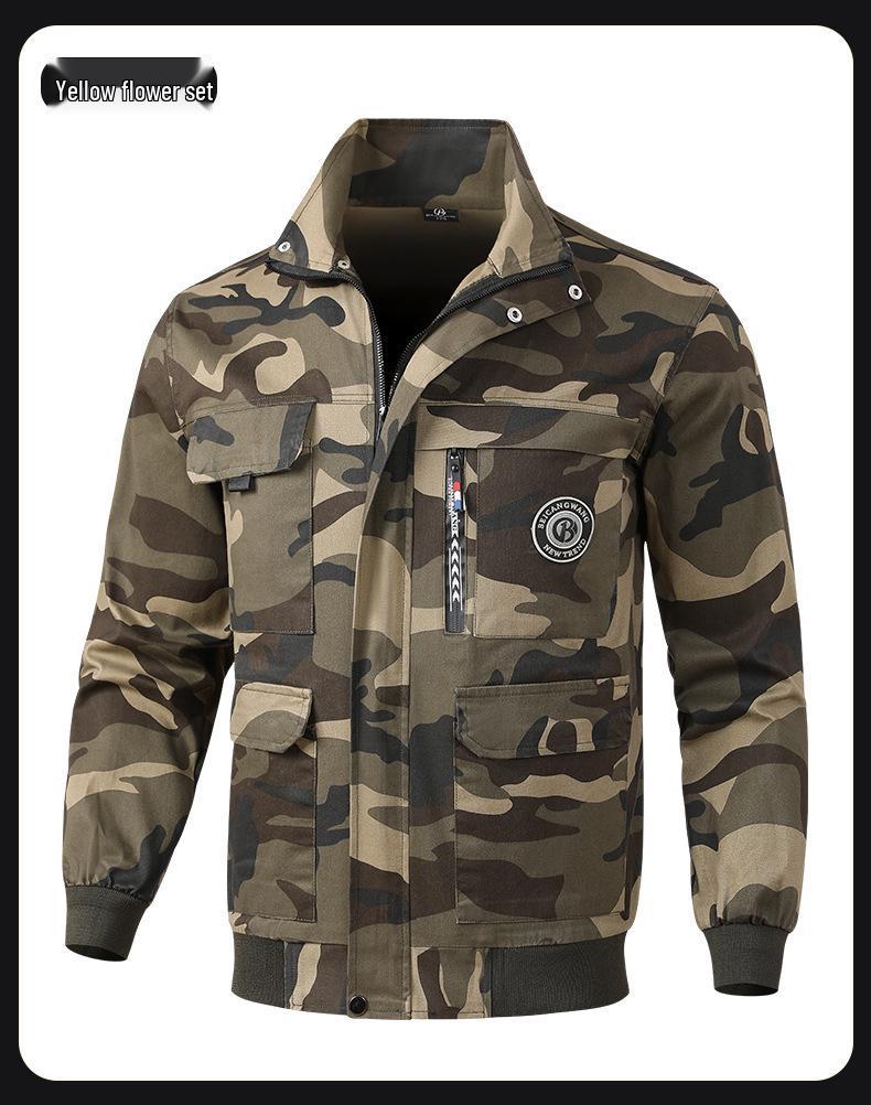 Men's Camouflage Workwear Set: Elastic, Thickened, Anti-Scald, Wear-Resistant Suit for Soldiers, Auto Repair, Electric Welders, and Labor Protection.
