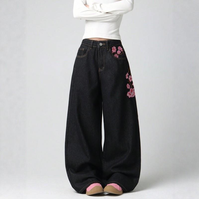 Vintage Americana Embroidered Wide-Leg Denim Jeans Women High-Waisted Relaxed Fit Y2K Streetwear Straight Drag Pants