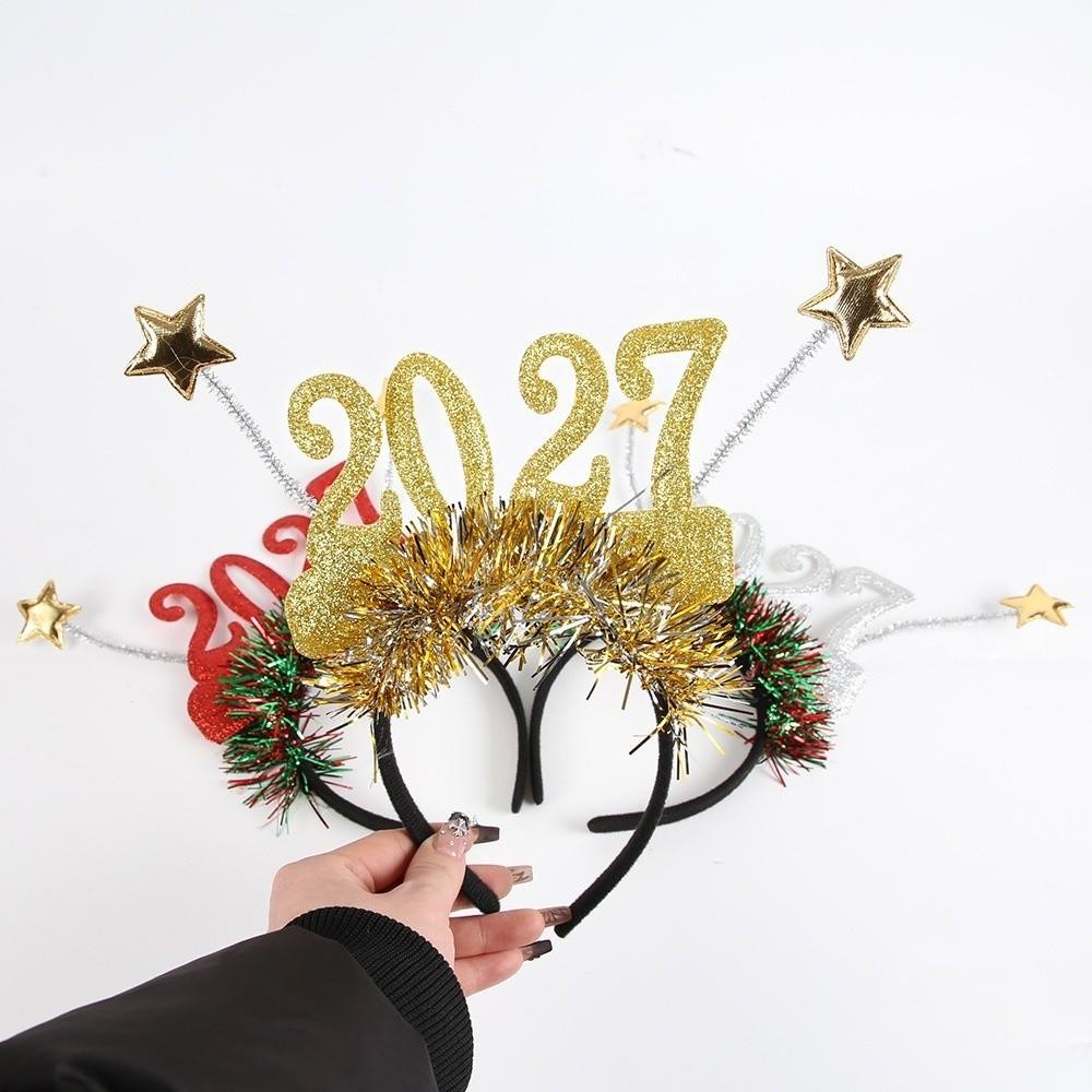 Cute 2027 Happy New Year Headband Sequin Glitter Hair Hoop Star Strip Headwear Masquerade Party