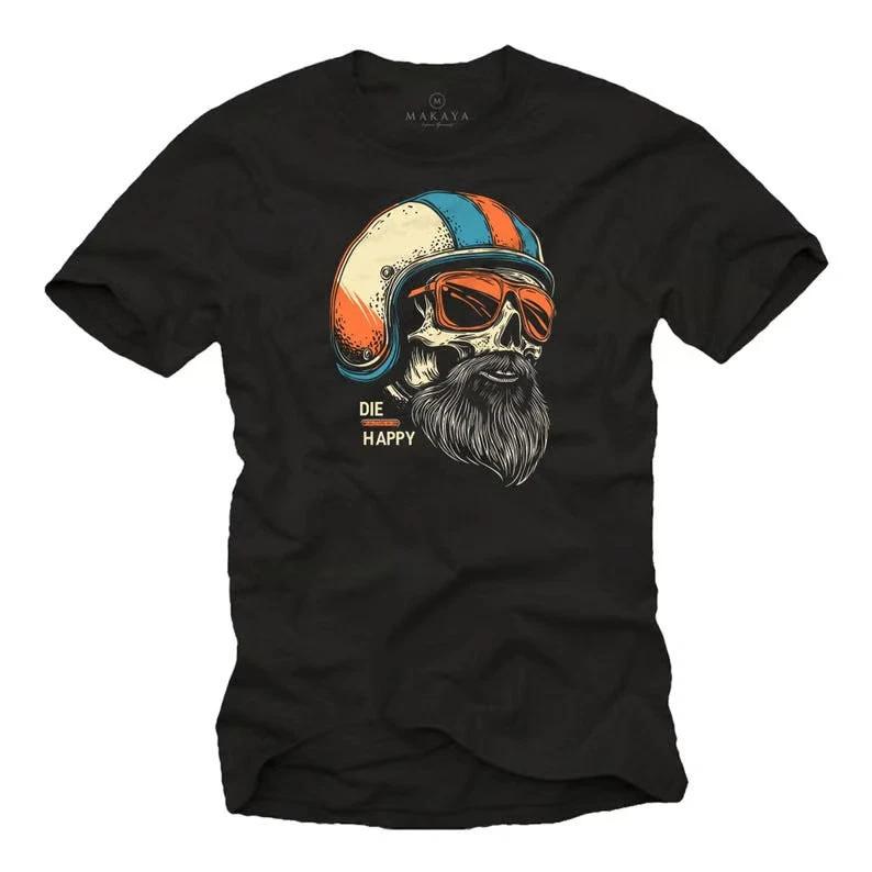 Men’s motorcycle t-shirt with skull, helmet beard design, biker fun shirt XL