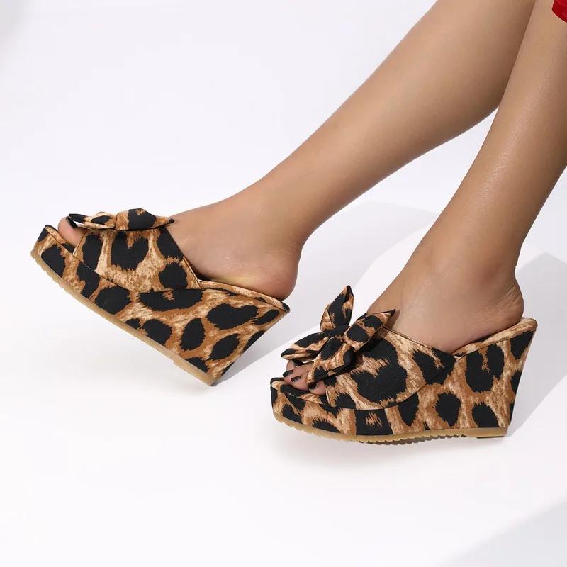 Summer New Slippers Women Fashion Round Head Cloth Leopard Print Butterfly Knot Thick Soles Anti-slip Wear-resistant High Heels