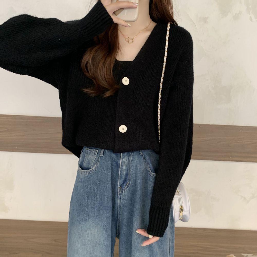 Vintage v-neck knitted cardigan jacket spring and autumn new loose lazy wind soft waxy sweater women