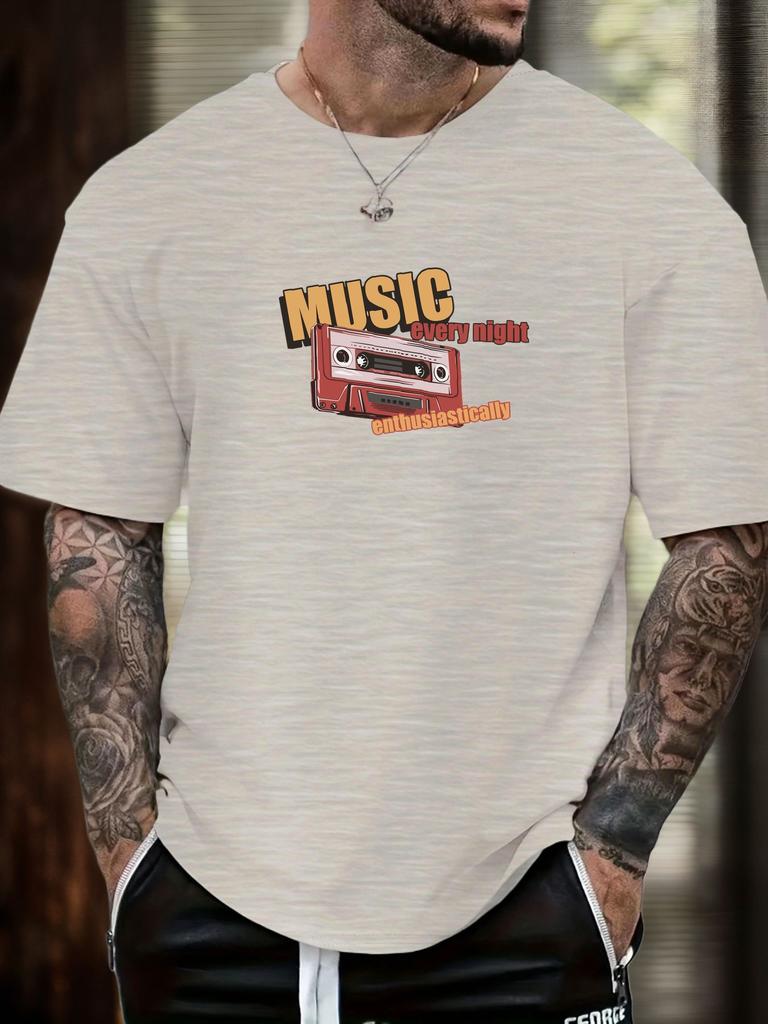 Mens Music Tape Graphic TShirt Summer Soft Comfort Fit Oversized Daily Wear Tee
