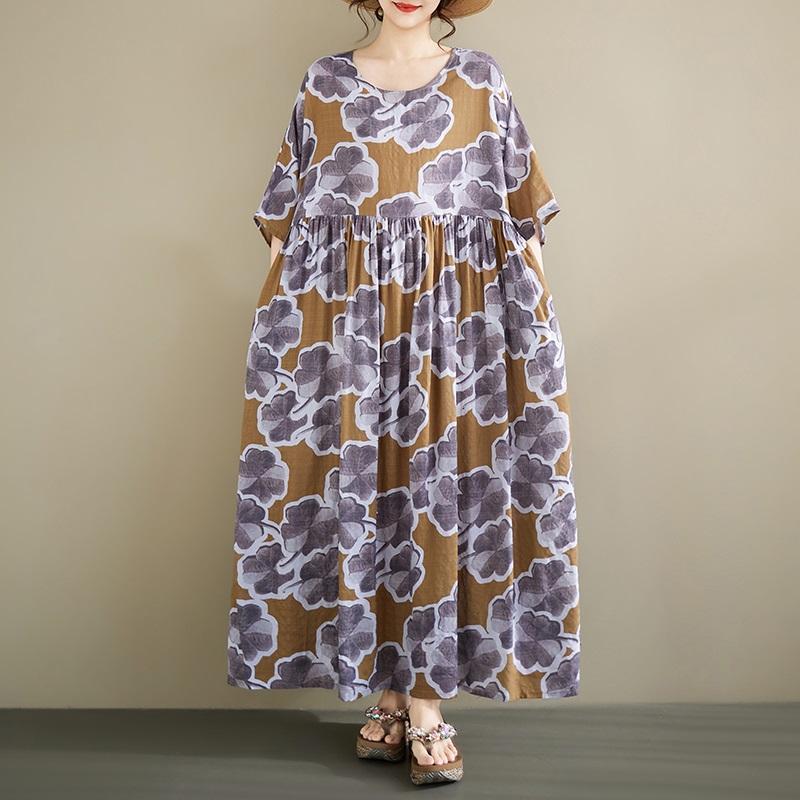 Short Sleeve Plus Size Cotton Vintage Floral New In Dresses for Women Casual Loose Long Summer Dress
