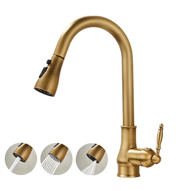 Antique Brass Kitchen Faucet Pull Out Spout Kitchen Faucet Black Single Hole Swivel Hot Cold Water Kitchen Mixer Tap Gold