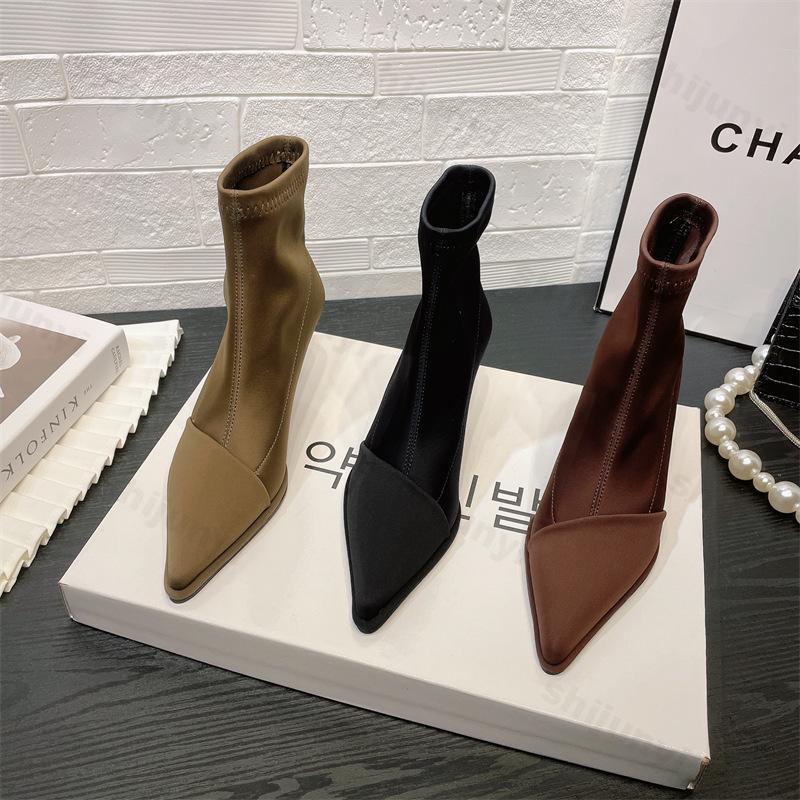 Fashion Fashion Elegant Ladies High Heels New Satin Pointed Toe Short Boots 2025 Autumn Women Thin Heel Stretch Sock Boots Female Shoes