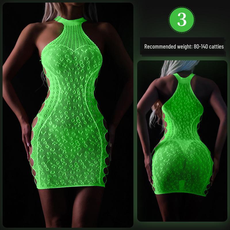 Linlinting Plus Size Glow-in-the-Dark Fishnet Bodystocking with Luminous Bandeau and Socks