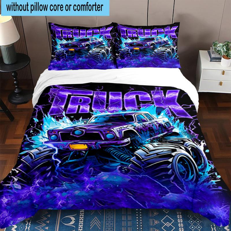 Electric Monster Truck Art 3pcs Bedding,Including 1pc Duvet Cover And 2pcs Pillowcases Perfect for Christmas,Ideal for Bedroom, Dormitory