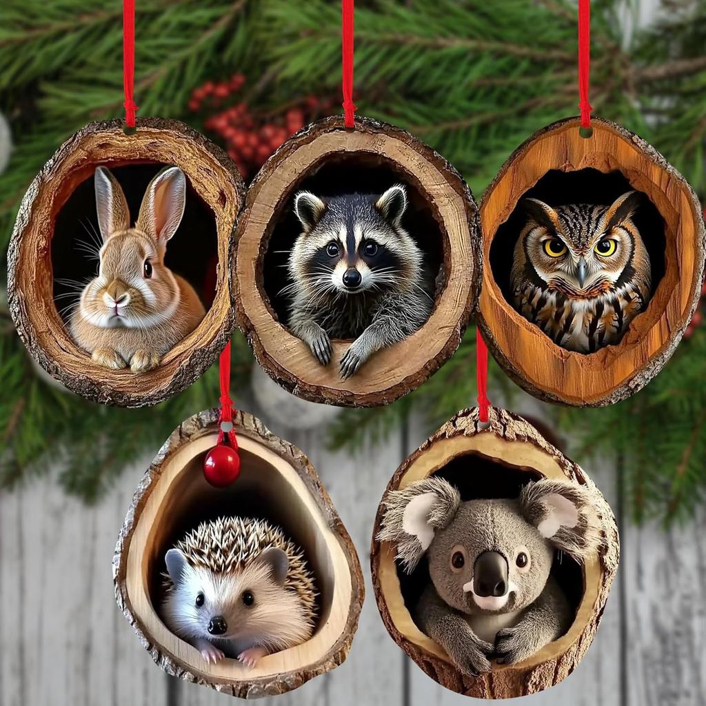 Acrylic Animal in Tree Trunk Christmas Hanging Ornaments Cute Bunny,Owl,Squirrel & Hedgehog Design Festive Pendant for Home Gift