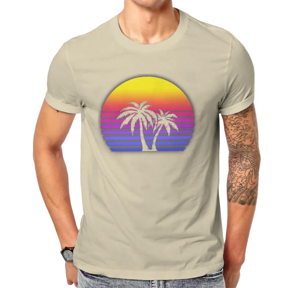 Beach Summer Sea Tshirt For Unisex Synthwave Sun Palm Trees Essential Soft Leisure Tee T Shirt High Quality Trendy Fluffy