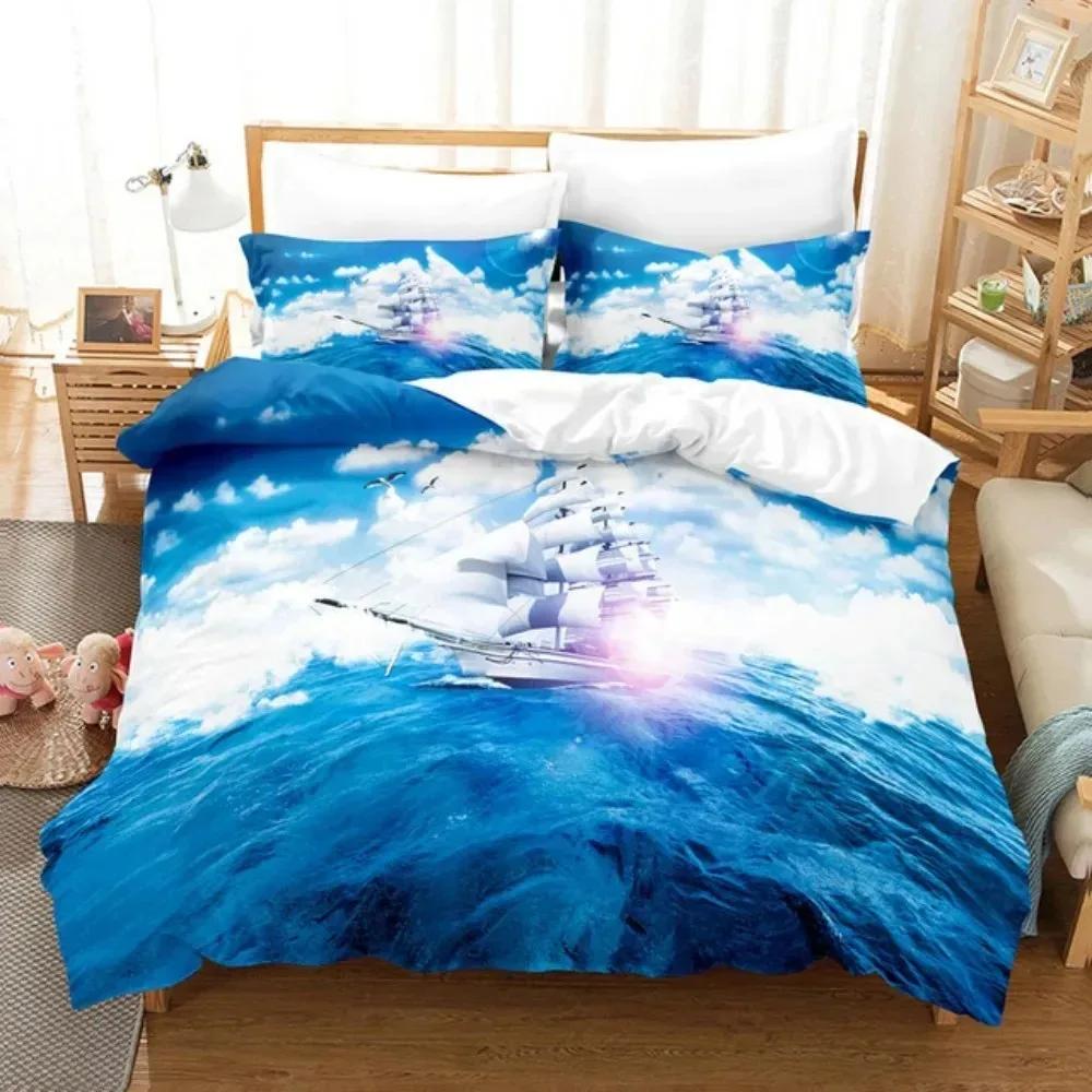 SailBoat Sea Bedding Set Ocean Sunset Scenery Duvet Cover Pillowcases Twin Full Queen King Size for Boys Adult Gift Bed Linen