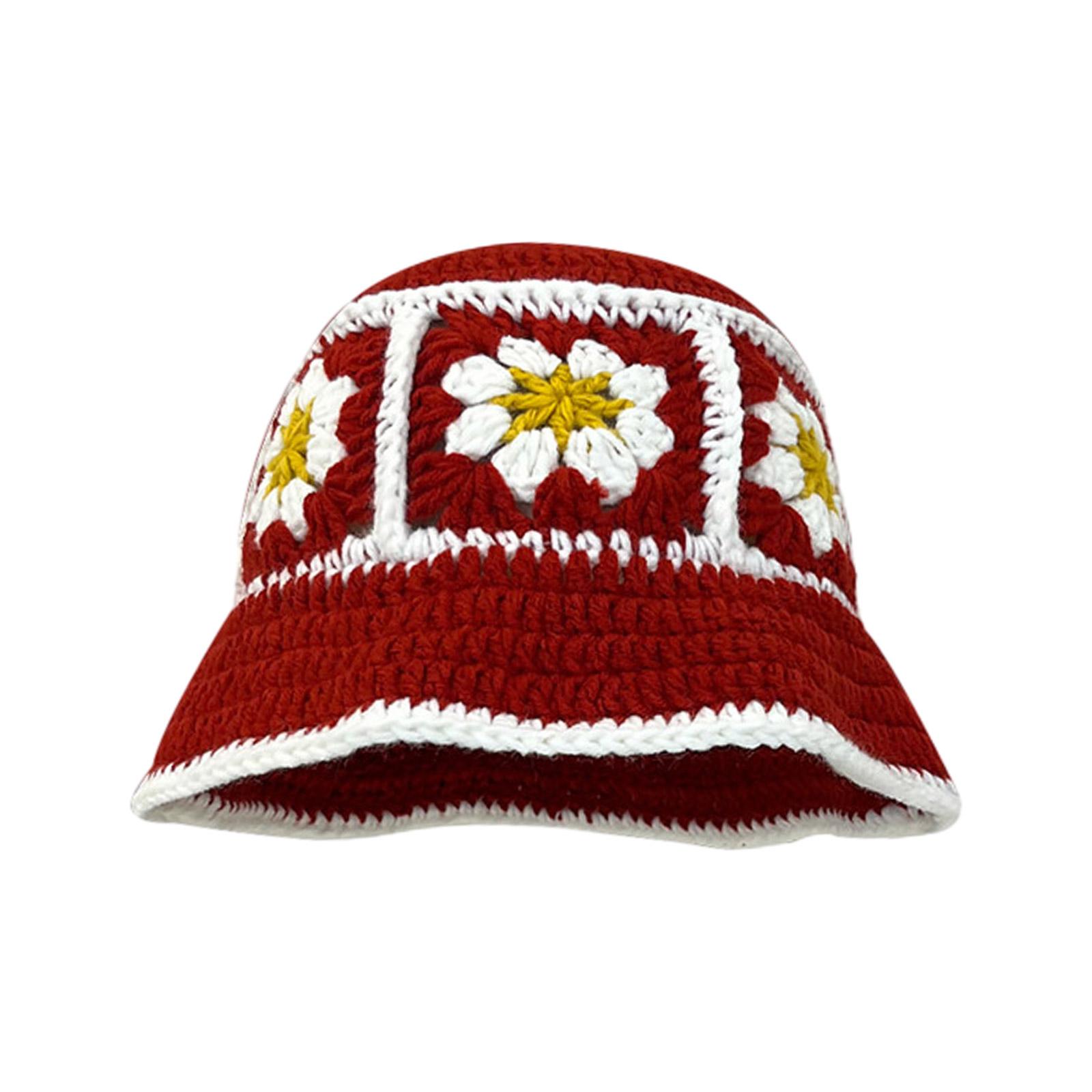 Crochet Flower Bucket Hat Summer Bucket Hat Crochet Flower Fisherman Hat for Adult Teens Skin-Friendly Commute Hat красный