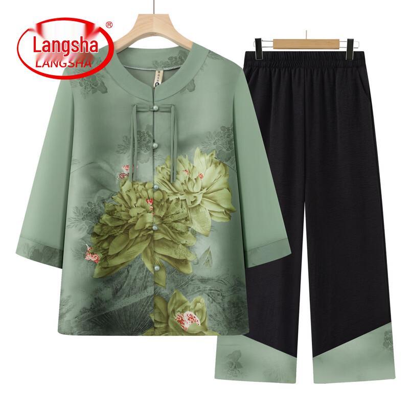 

LangSha Women s Chinese Style Ice Silk Mid-Sleeve Top 5XL