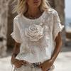Women Tops Round Neck Short Sleeve Retro Floral Art Print Pullover Tops Loose Fit Soft Fabric Casual Summer Shirt