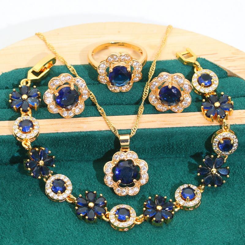 Flowers Korean Edition Jewelry Europe and The United States Hot Zircon Bracelet Earrings Ring Bride Jewelry Set