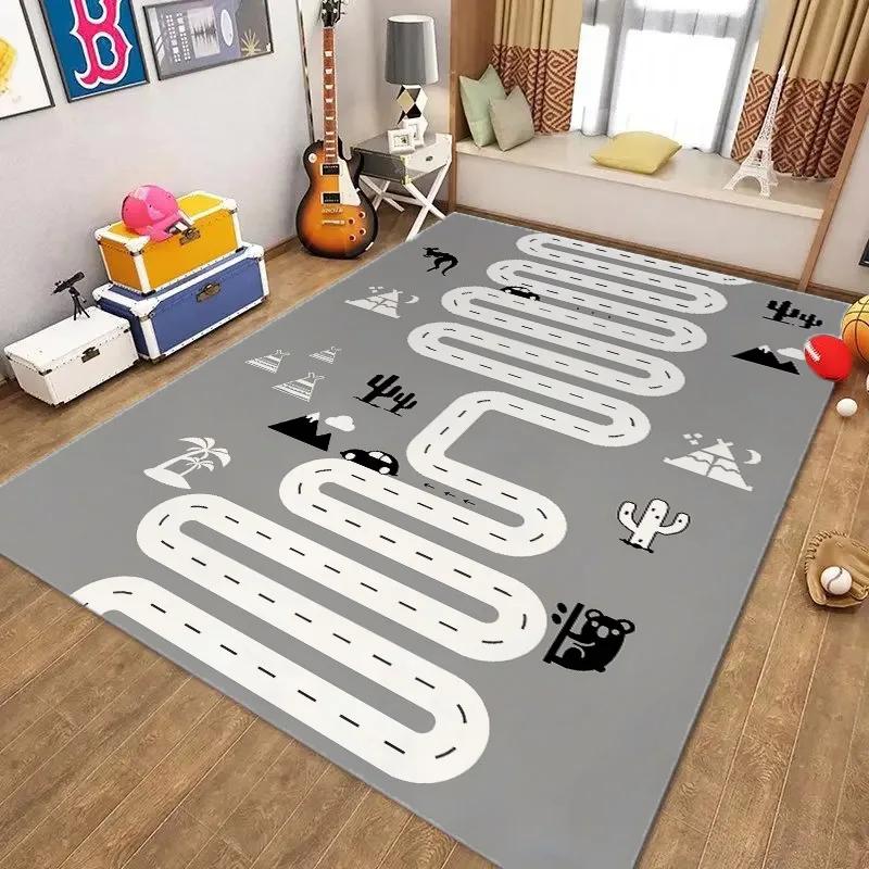 Kids Car Rug Playmat Fun Race Track Traffic Road Carpet for Boy Room Educational Learning Carpet Bedroom Playroom Decor Doormat