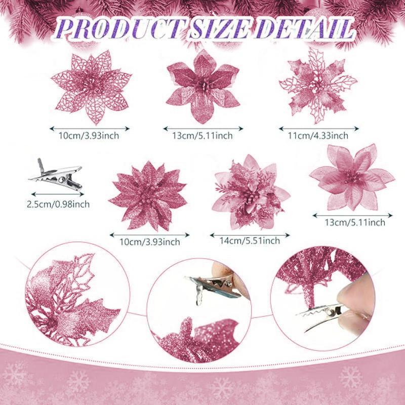 5Pcs Pink Glitter Artificial Flowers Berry Ornament Christmas Tree Decoration with Clips Stem for Xmas Home Decor Accessories
