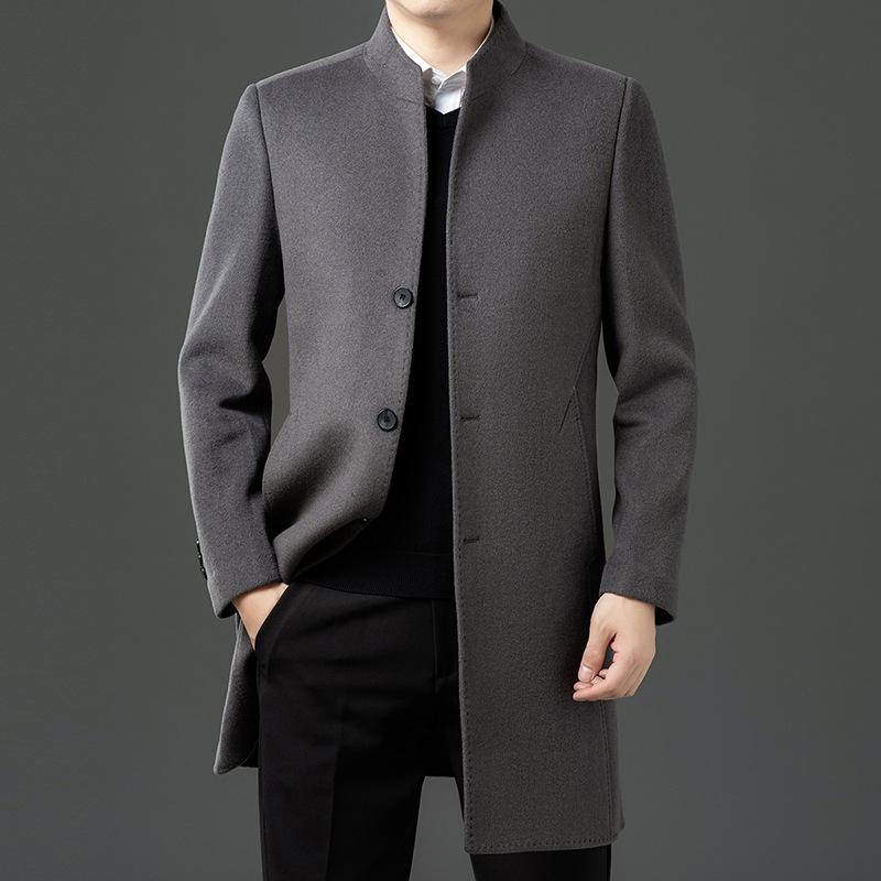 Autumn and Winter, Middle-aged and Elderly Men's Double-sided Tweed Stand Collar Coat Business Casual Mid-length Jacket High-end Dad Outfit