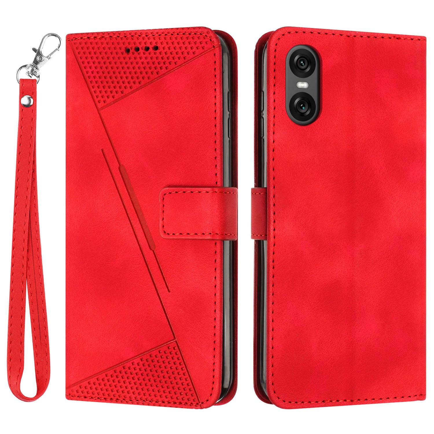 

For Sony Xperia 10 VI Case with Hand Strap Triangle Imprinted Wallet Phone Leather Cover Red