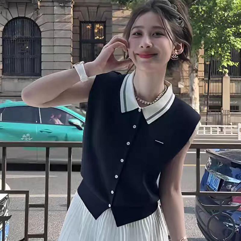 

Summer Korean Style Fashion Casual College Style Lapel Loose Vest For Women one size темно-синього кольору