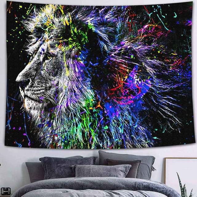 Simsant Forest Wildlife Tapestry Psychedelic Lion Forest Wall Hanging Tropical Plants Nature Landscape Dorm Bank