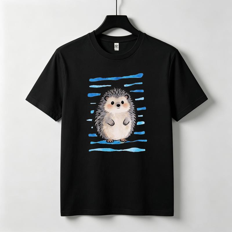 Chubby Hedgehog with Blue Stripes T Shirt Watercolor Art Pattern Premium Cotton Short Sleeve Animal Lover Daily Holiday Gift Tee