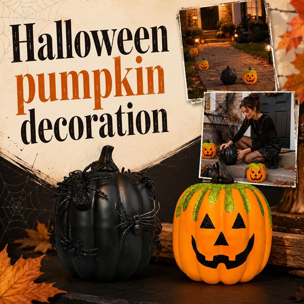 Foam Pumpkin Halloween Decoration with Spider Accents for Indoor Outdoor Use Tabletop Window Sill Shelf Display Seasonal Holiday Decor