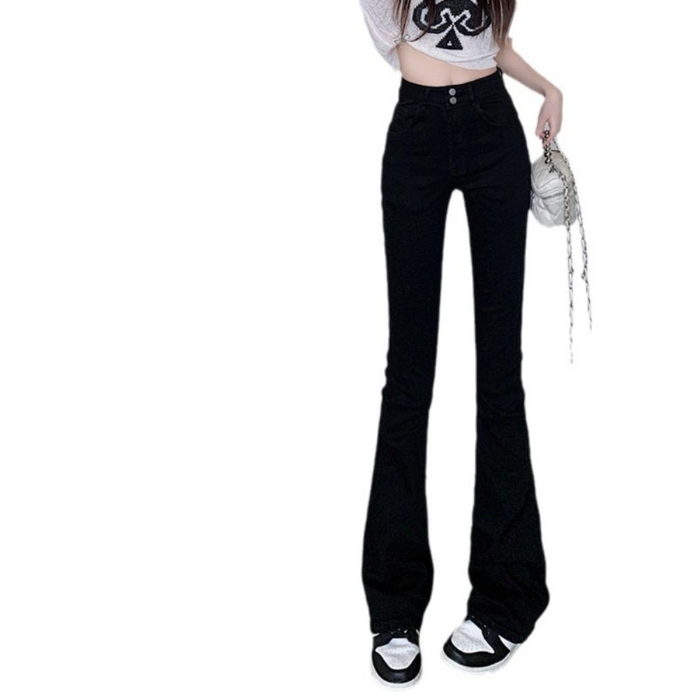 High Street Spice Girl micro-pull double-button jeans women's spring and autumn new slim-fitting and thin high-waisted floor-mopping horseshoe pants