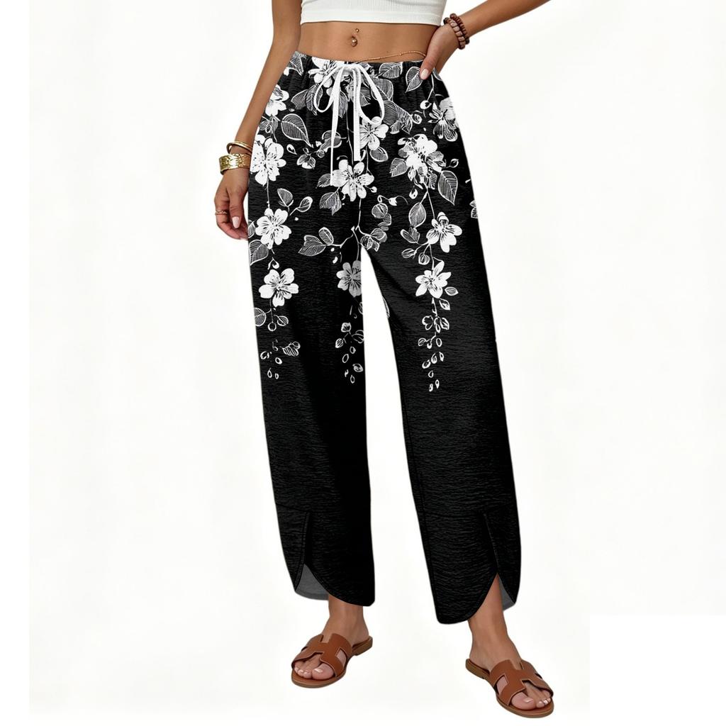 Women's Casual Loose Fit Wide Leg Drawstring Pants Floral Print Straight Cut Lightweight Trousers for Everyday Wear