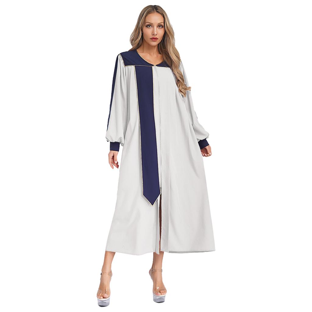 Womens Choir Performance Gown Color Block V Neck Puff Sleeves Split Front Zipper Design Flowy Stage Costume for Worship Events