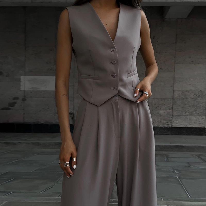Conjunto de Moda de Verano 2025 para Mujer: Chaleco sin Mangas de Cuello en V y Pantalones de Pierna Ancha