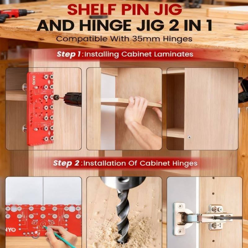 Aluminum 2 In 1 Hinge And Shelf Pin Drilling Jig For 5mm Straight Holes Precise Cabinet Door Installation Woodworking Tool