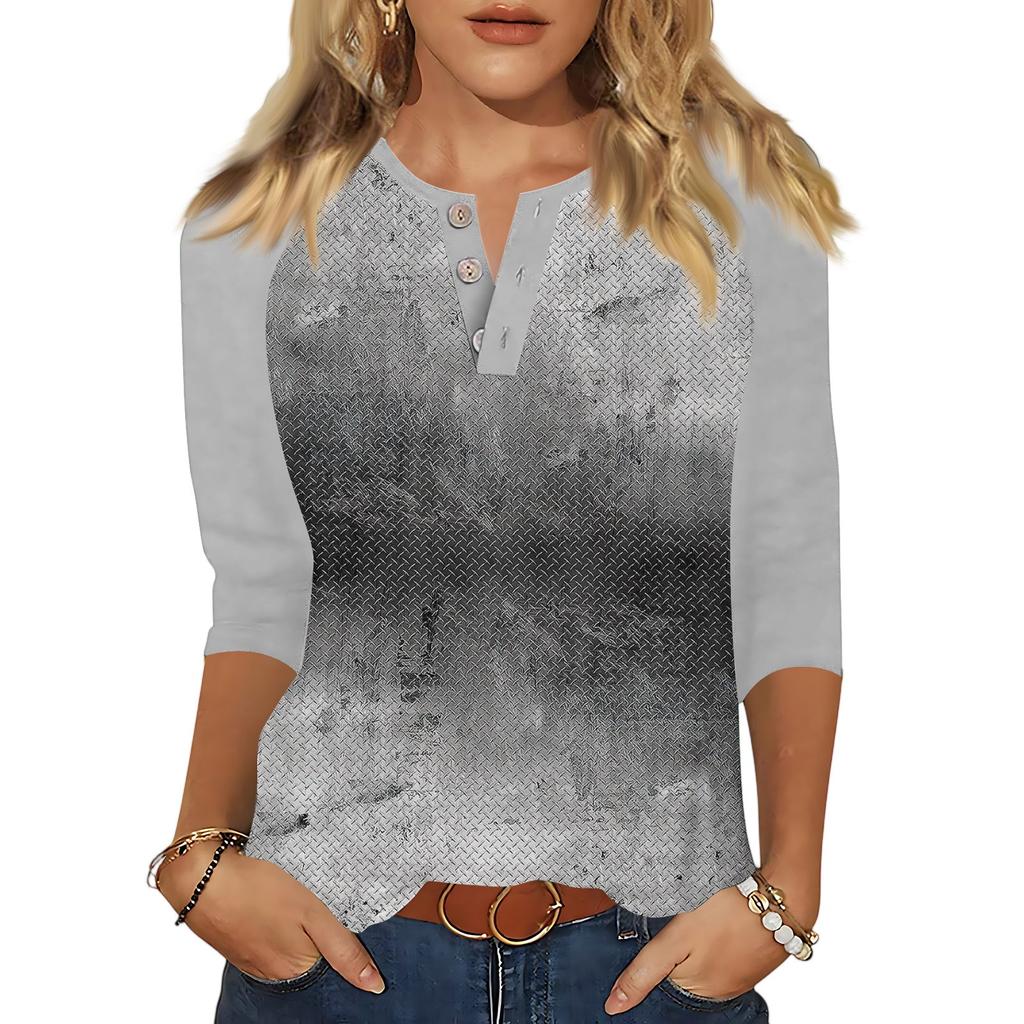T-skjorte med trykkknapp for kvinner 3/4-ermet Daglig helgmote Basic V-hals vanlig topp