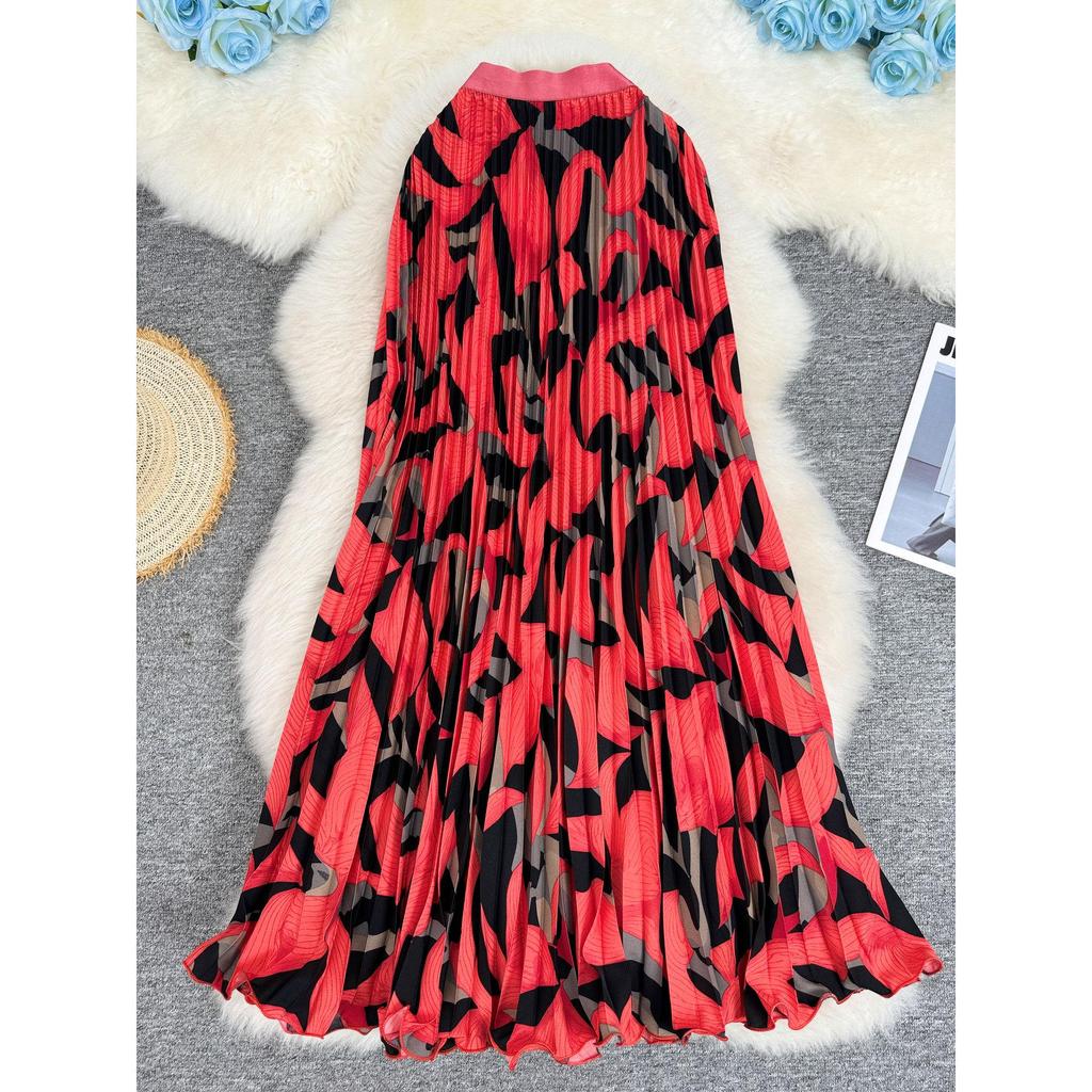 European & American Printed Pleated A-line Midi Skirt for Women - High-waisted, Versatile & Slimming