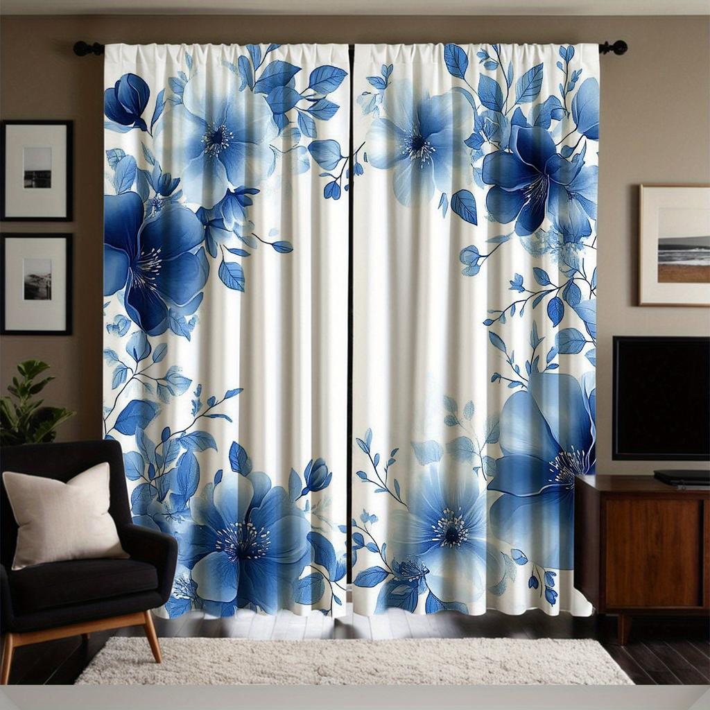 Piece Set Fresh Blue Floral Print Curtains Polyester Fabric Suitable Bedroom Living Room Decoration Made Of Sitting Window Treatment