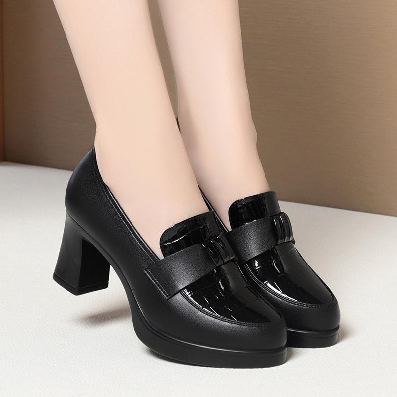 Spring and Autumn New Mother Shoes Thick Heel Waterproof Table Deep Mouth Single Shoes High Heels Thick Sole Heightening Women's Leather a Generation
