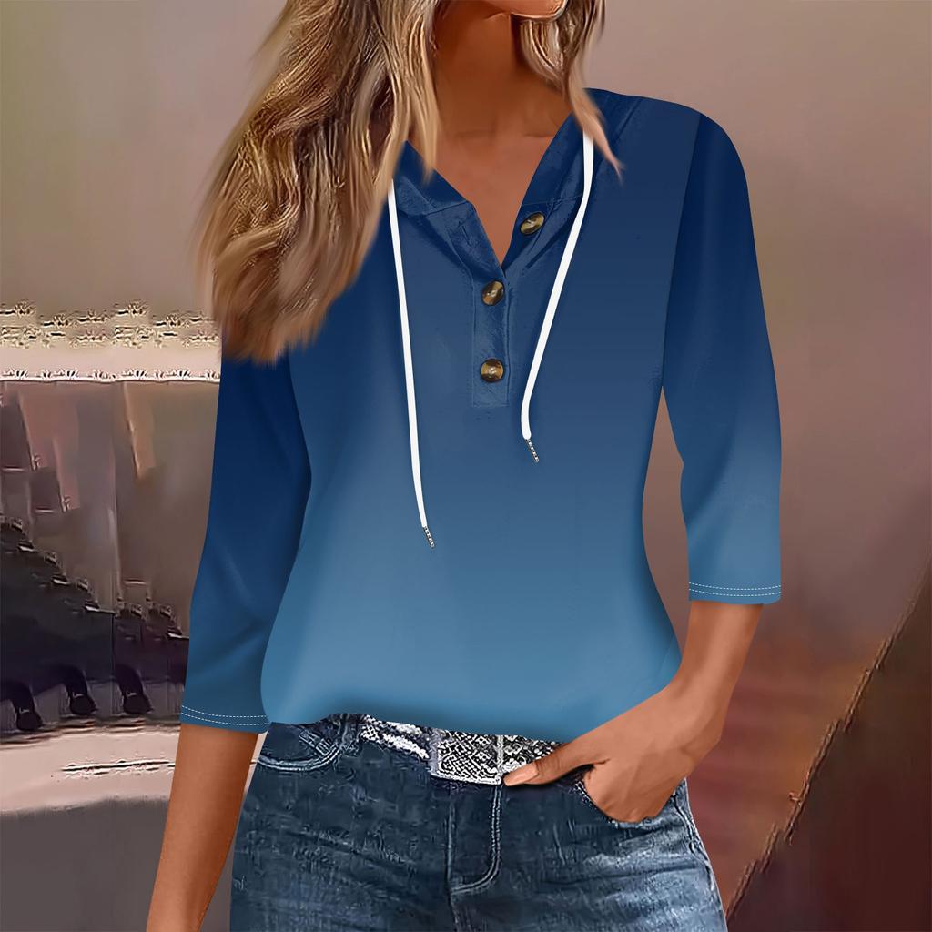 Women's Fashion Seven Split Sleeve Button Casual Hooded Printed T-Shirt Top