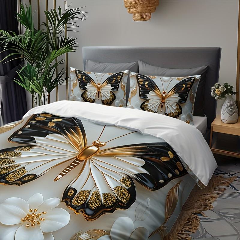 3D Butterfly Flowers Duvet Cover Queen King Size HD Print Bedding Set for Home or Dorm Quilt Cover 3 Pcs with 2 Pillowcases