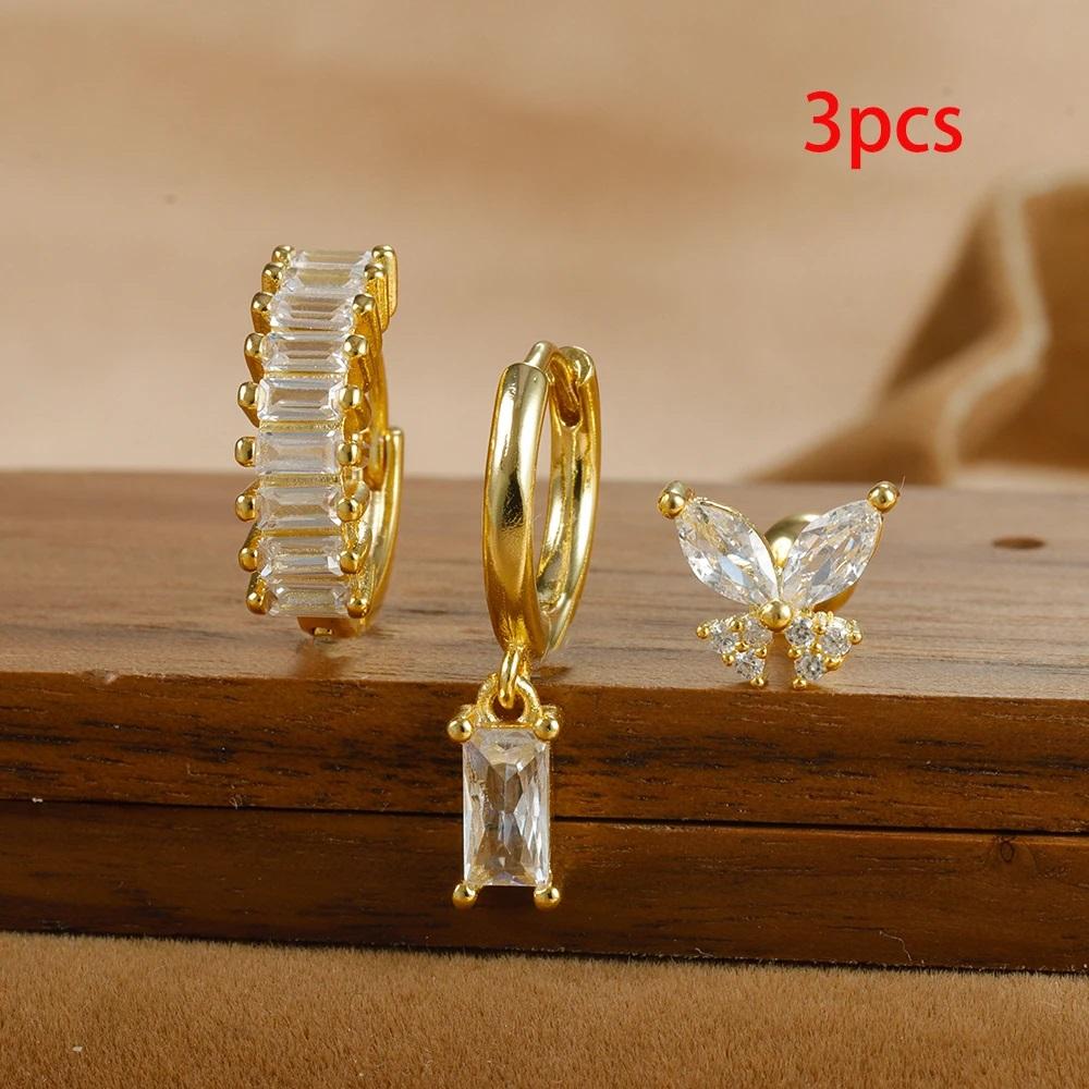 3PCS Gold Color Crystal Square Hoop Earrings Set For Women Butterfly Pendant Cartilage Tragus Helix Ear Stud Fashion Jewelry