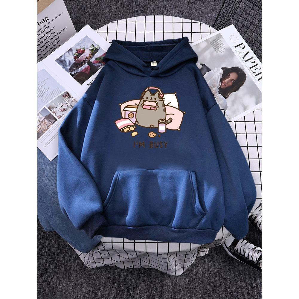 Sorry I'M Busy Cat Playing Games With Headphones Women Hoody Simple Pocket Pullovers Outdoor Soft Sweat Street Casual Female Top