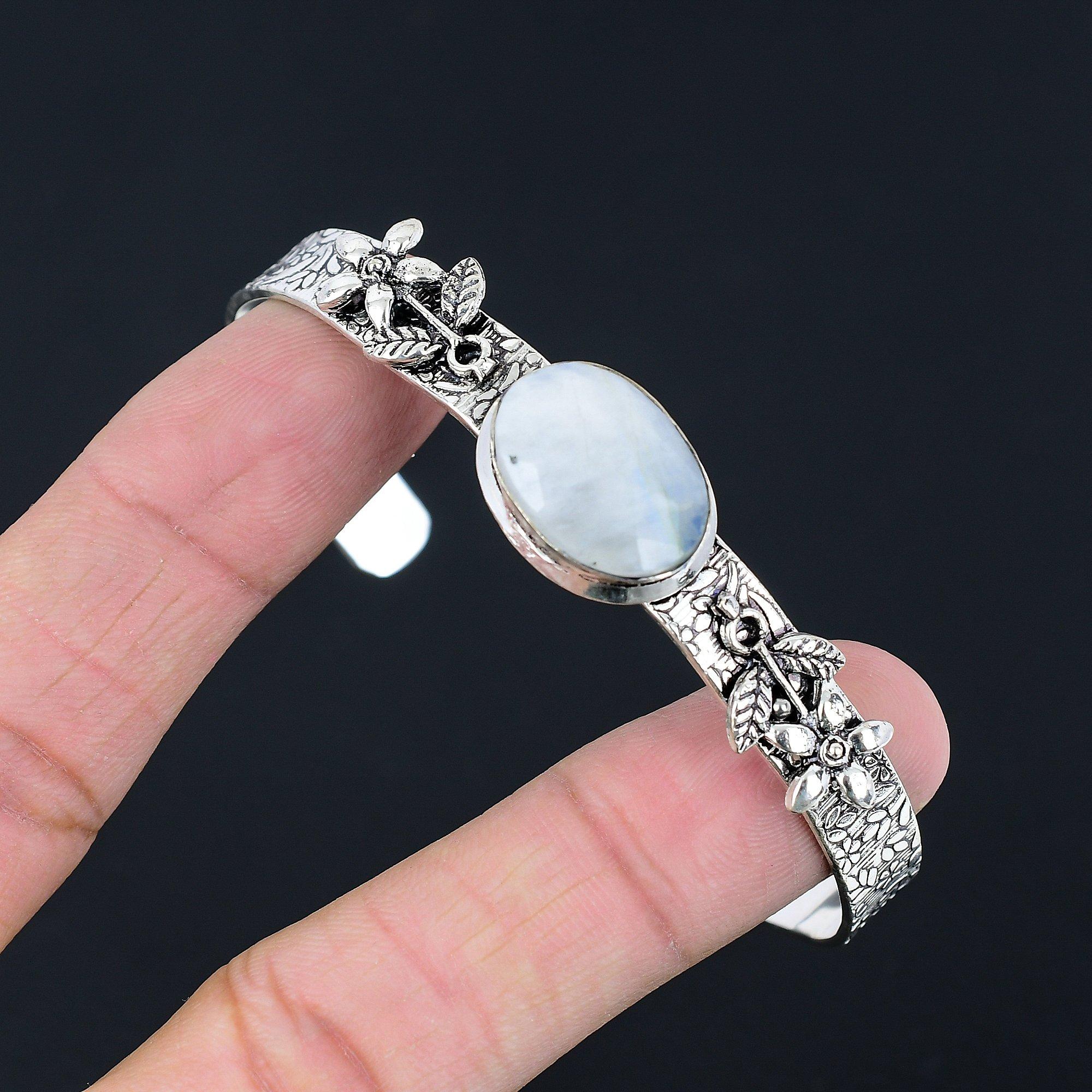 

Friendship Day Deal Rainbow Moonstone Gemstone Flower New Bangle Sterling Silver Adjustable