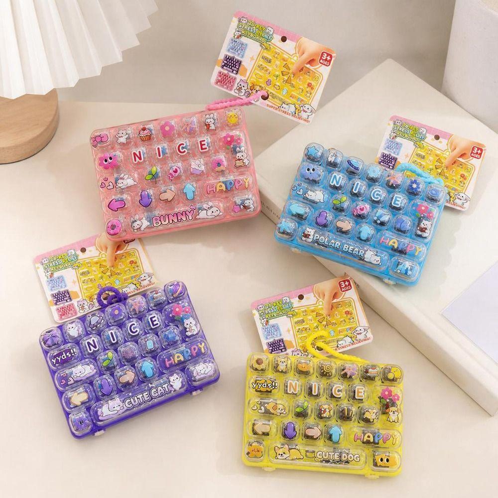 Cartoon 26 Keys Keyboard Keychain Pressable Keys Stress Relief Fidget Toy Travel Use