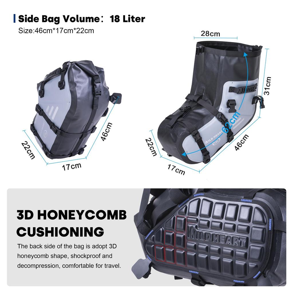 WILD HEART Motorcycle Waterproof 36L x Motorcycle Side Trunk Motorcycle Accessories Saddlebags, (18L 2), Saddlebags, Panniers, Bags, (Grey)