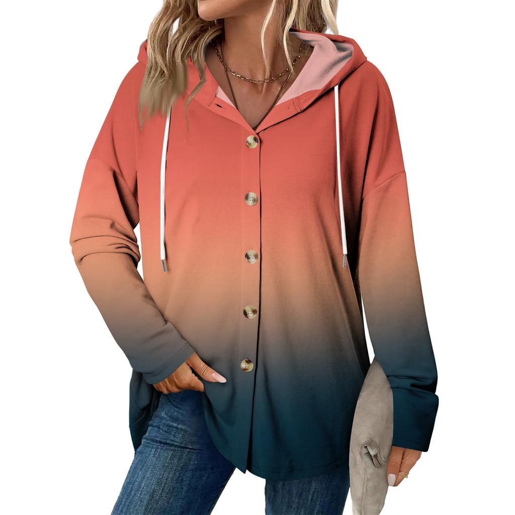 Women's Fashion Casual Raglan Long-Sleeve Drawstring Coat, Vintage Buttoned Hooded Coat