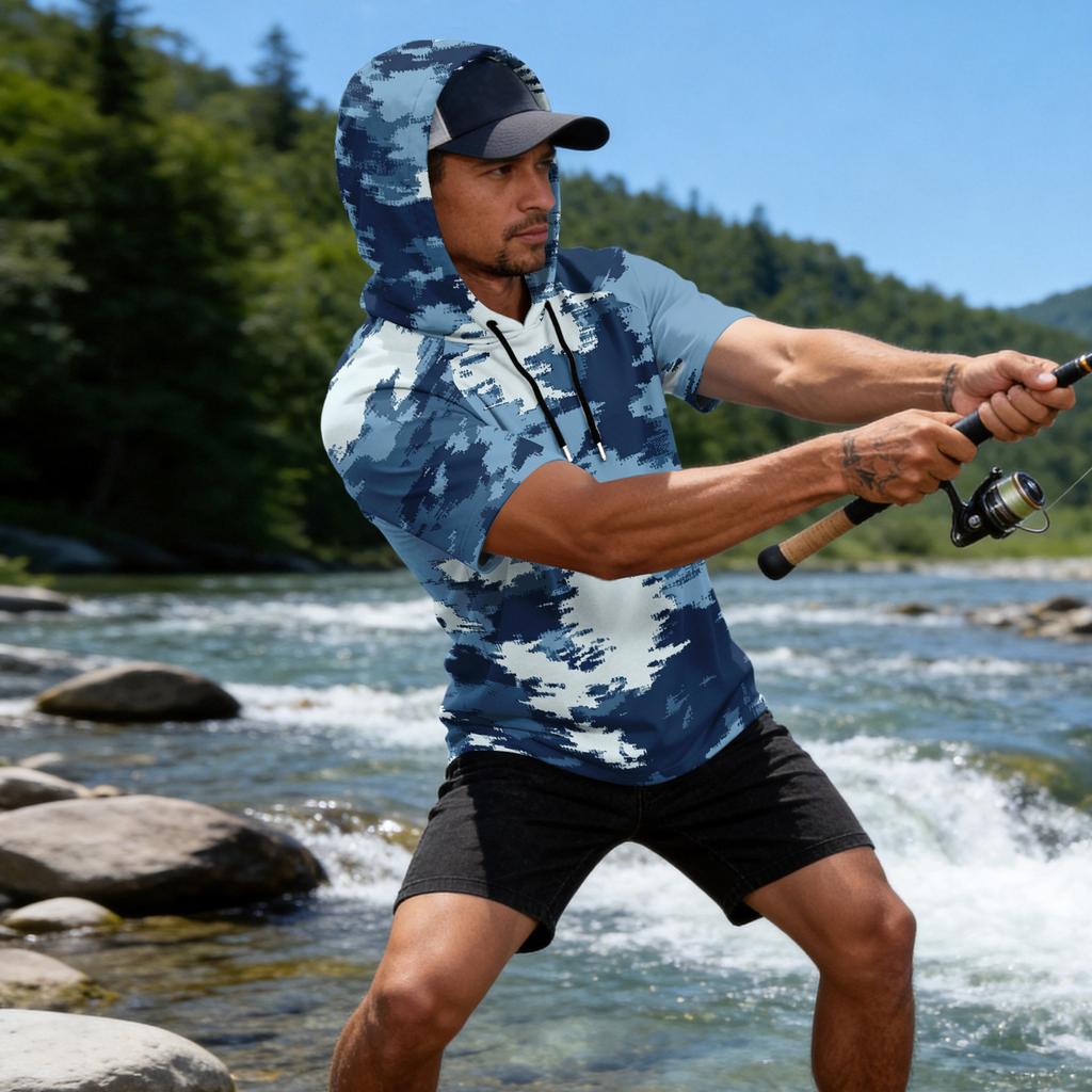 Men's Camouflage Print Raglan Sleeve Casual Sport Fishing Short Sleeve Hoodie Lightweight Breathable Outdoor Top