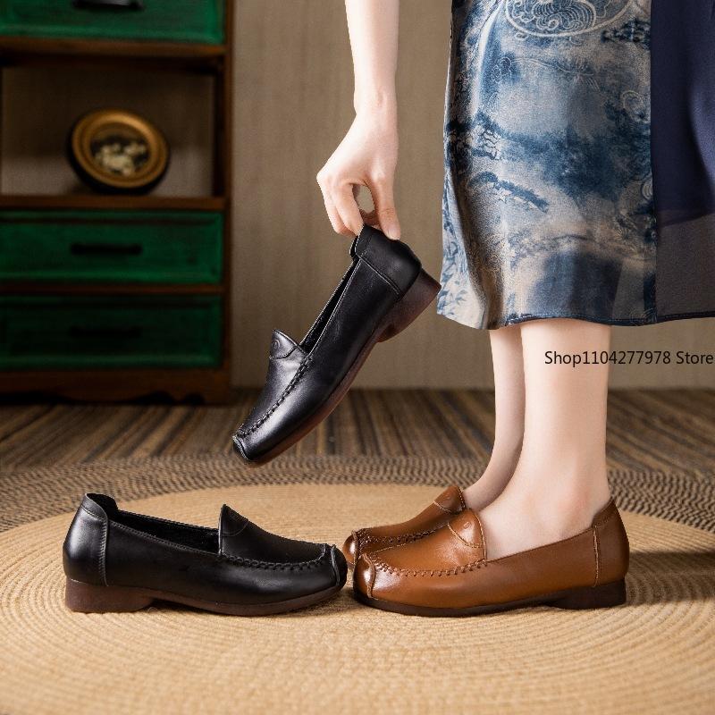 Fashion 2025 No Return or Exchange Retro First-layer Leather Mother Shoes Pu Leather Loafers Single Shoes, Comfortable Flats