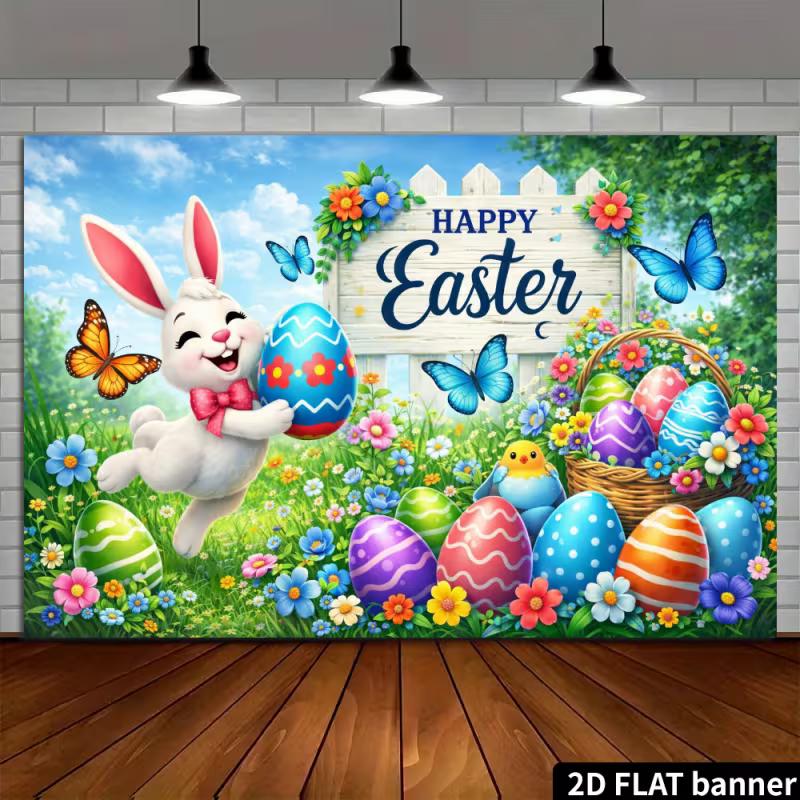 2D Spring Floral Easter Background, Happy Easter Bunny & Eggs Backdrop for Party Events