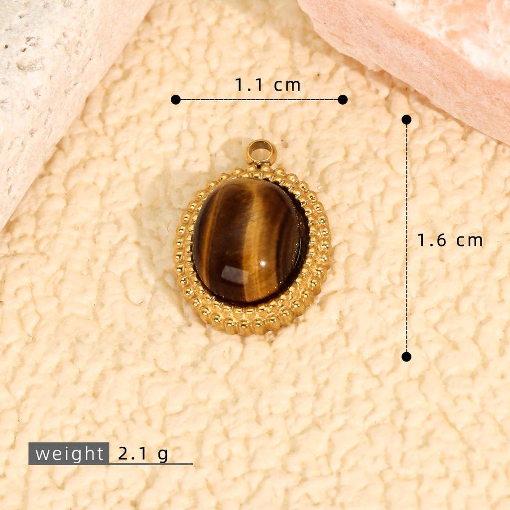 18K Gold Plated Stainless Steel Tiger's Eye Pendant - Oval Natural Stone DIY Jewelry Accessory with Vacuum Electroplating