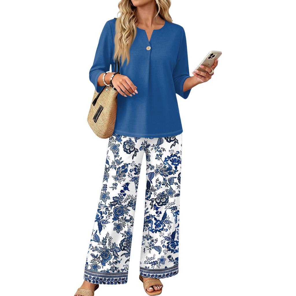 Women Casual Button Front Top with Three Quarter Sleeves and Printed Wide Leg Pants Two Piece Set Lightweight Comfortable Outfit